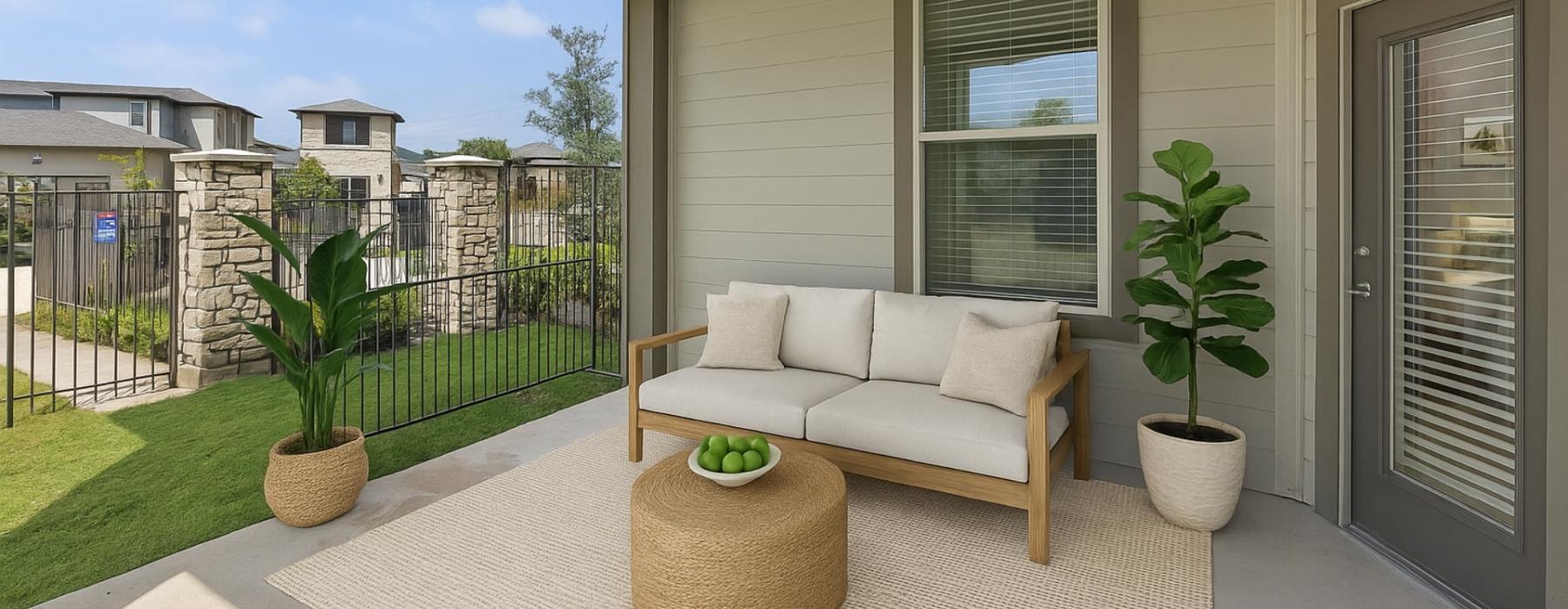 a white couch and a table on a patio with plants and a fence
