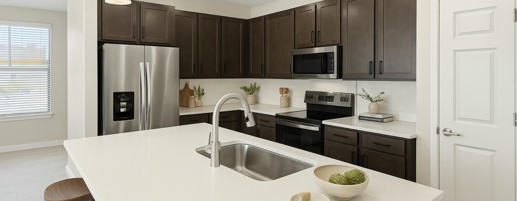 a kitchen with dark wood cabinets