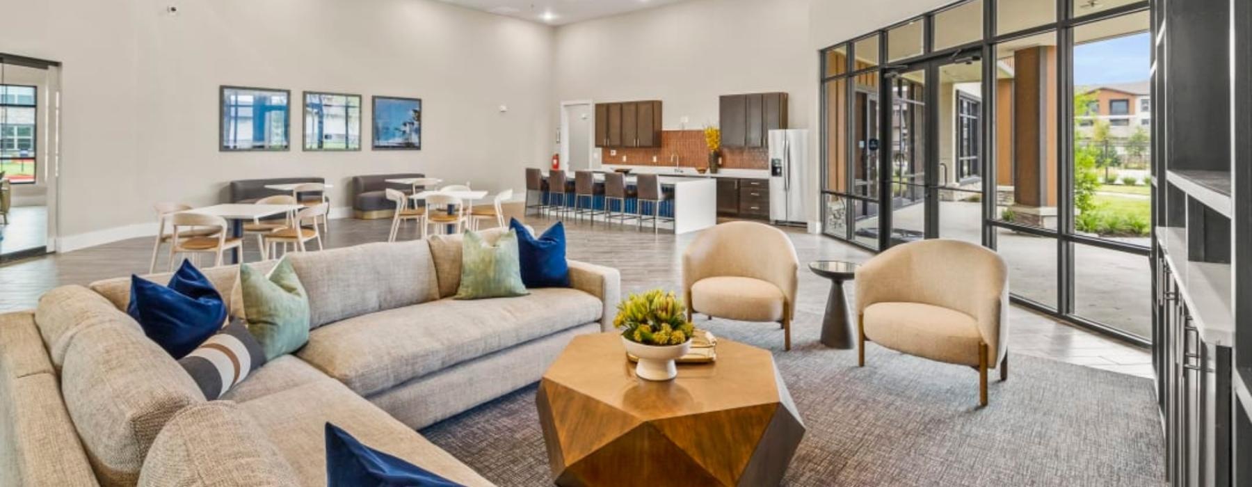 a living room with a large glass wall