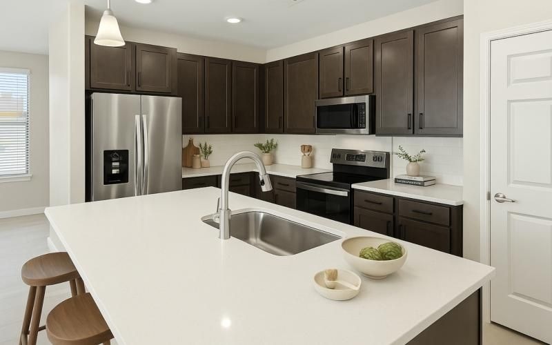 a kitchen with dark wood cabinets