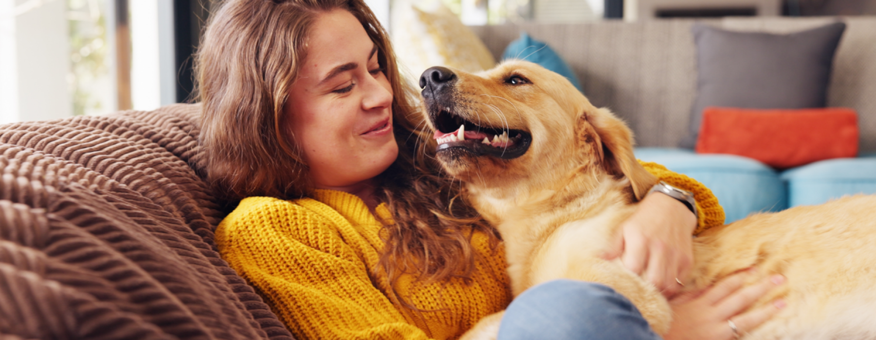 A woman in a yellow sweater cuddling her golden retriever on a couch inside an apartment at Creekside at Grand Prairie.