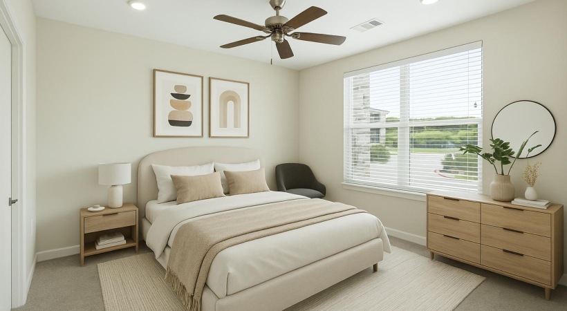 a bedroom with a bed fan dresser mirror and window