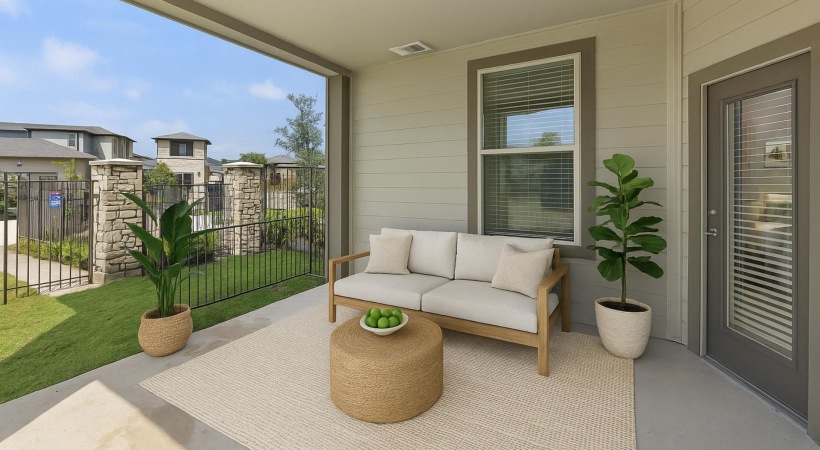a white couch and a table on a patio with plants and a fence